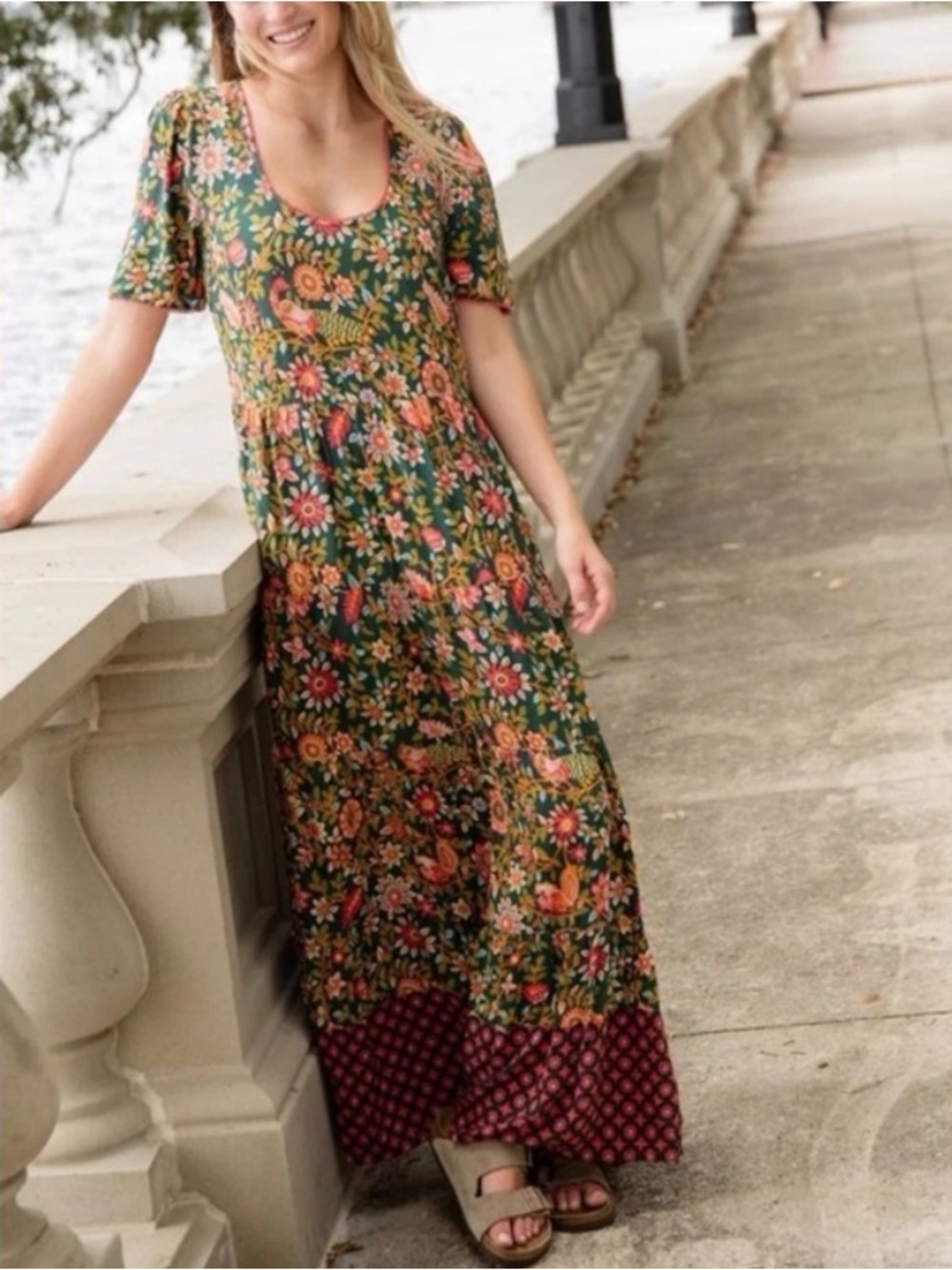 NATURAL LIFE Floral Scoop-Neck Short Sleeve Floral Maxi Dress